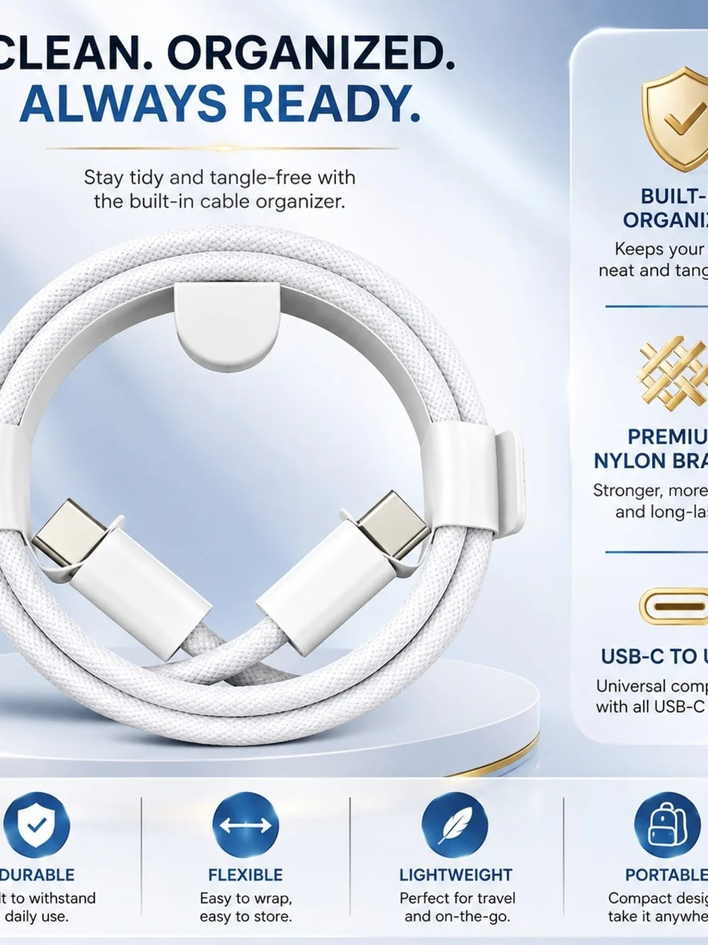 White USB-C to USB-C Braided Charging Cable - White
